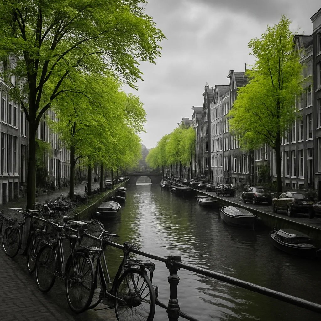 A monochrome Amsterdam canal where only the trees are green.