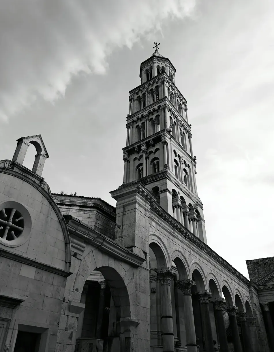 The cathedral bell tower in Split, Croatia, in black and white